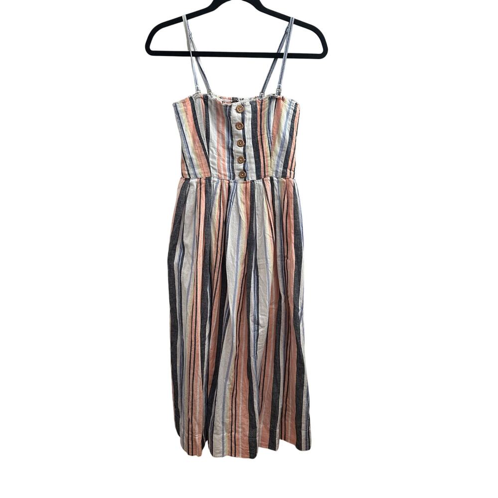 Free People XS Striped Button Front Midi Dress Smocked Back Sundress